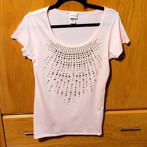 Pale peach T-shirt with rustic gold  decorative studs on the front. Size large.
